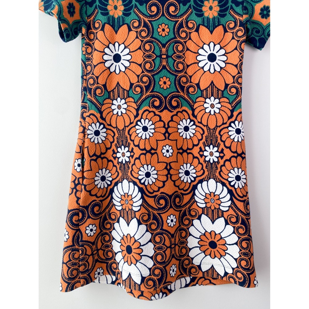 Maeve Anthropologie Floral Shift Mini Dress XS Teal Orange Hippie 70s Retro Mod - Picture 11 of 14